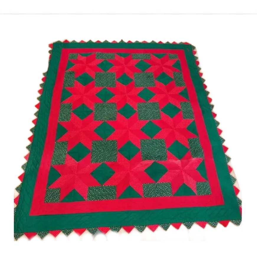 Vintage 1989 Handmade Christmas Quilt Tablecloth Prairie Point Trim 57' x 71"