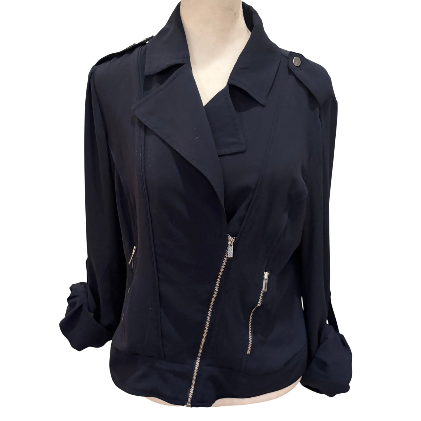 Cache Navy Blue Long Sleeve Full Zip Long Sleeve Blouse Blazer Top Womens Size 6