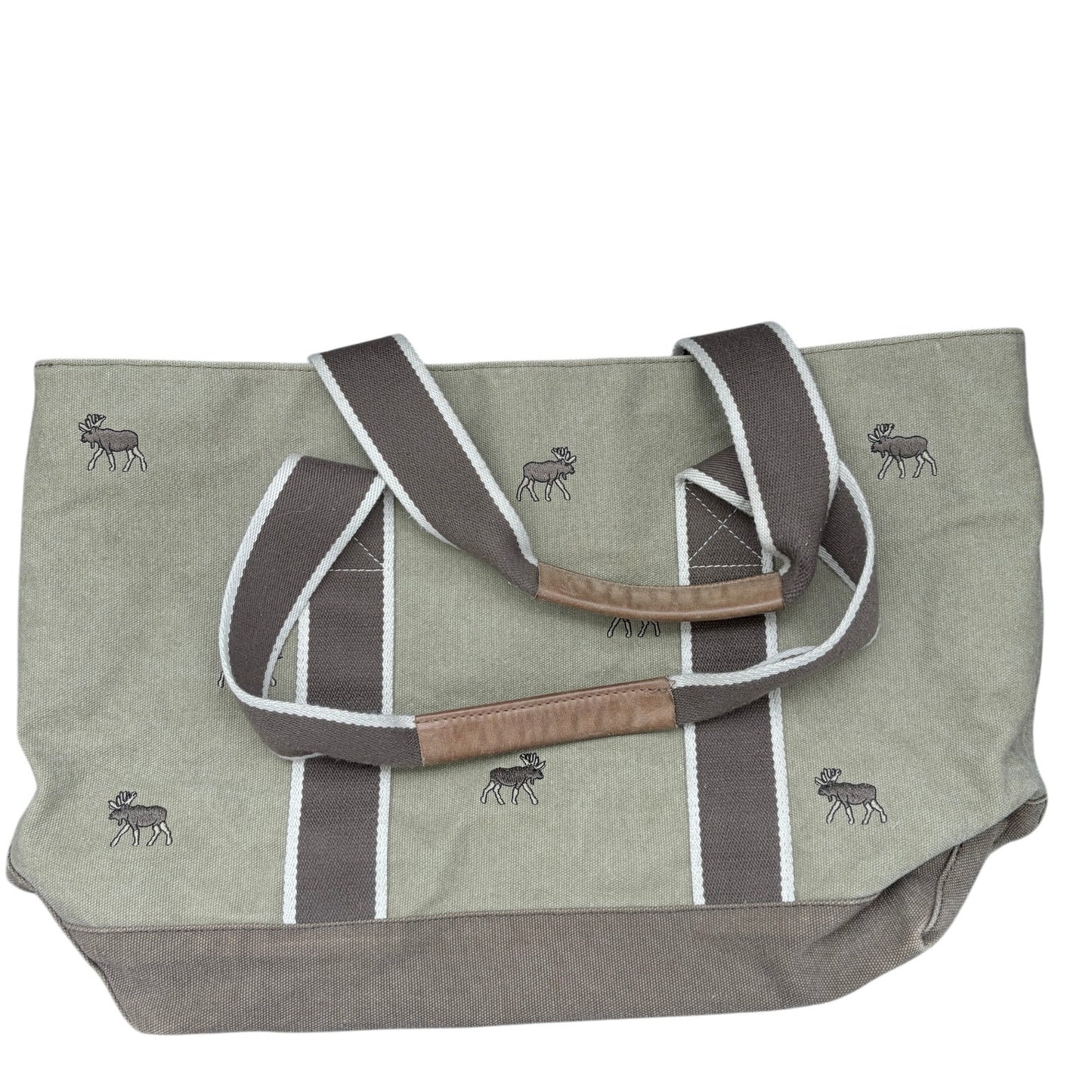 Vintage LL Bean Boat and Tote Canvas Bag Brown With Moose Design, Leather Trim