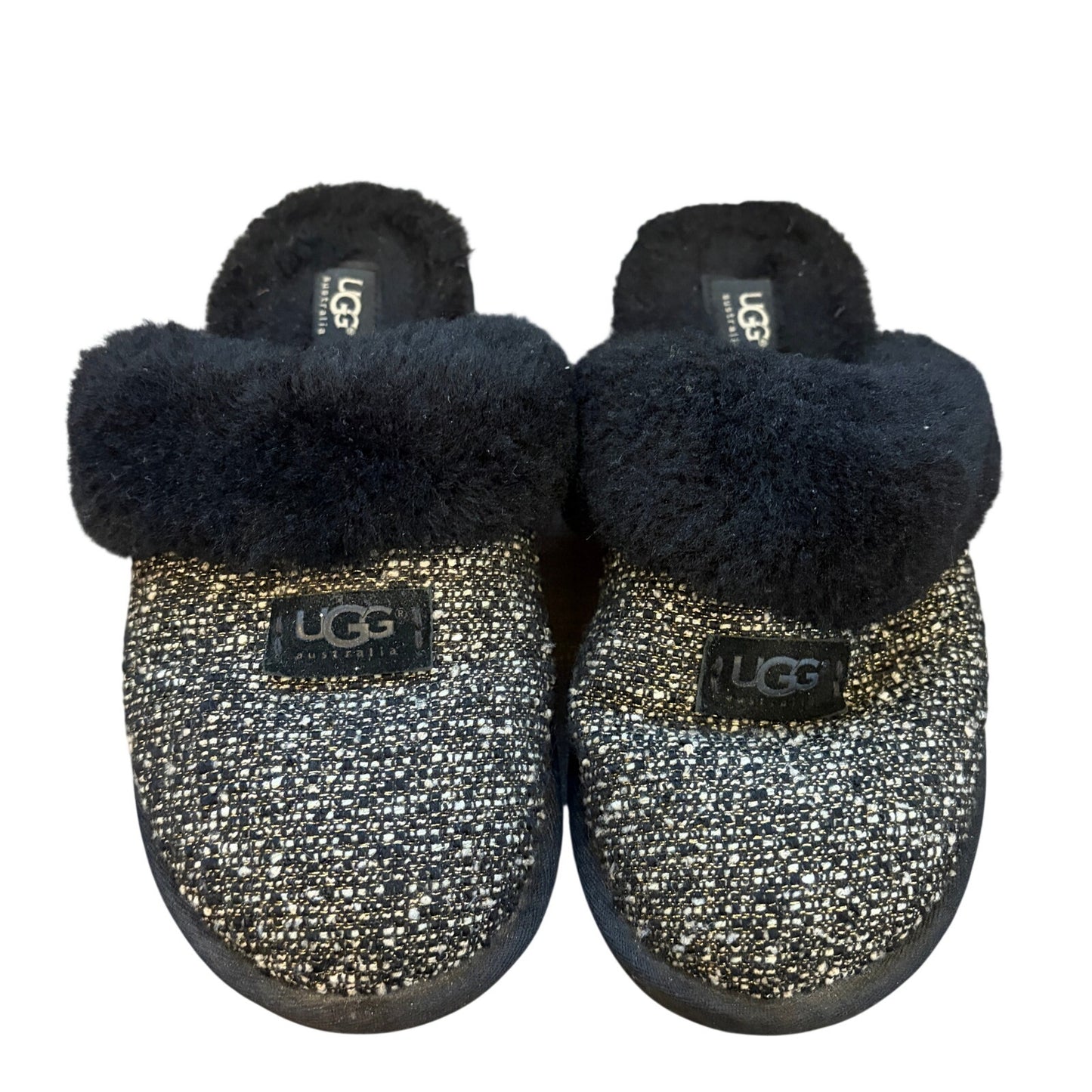 UGG Australia Black, White, Gold Cozy Knit Slip On Shoes Slippers Womens Size 10