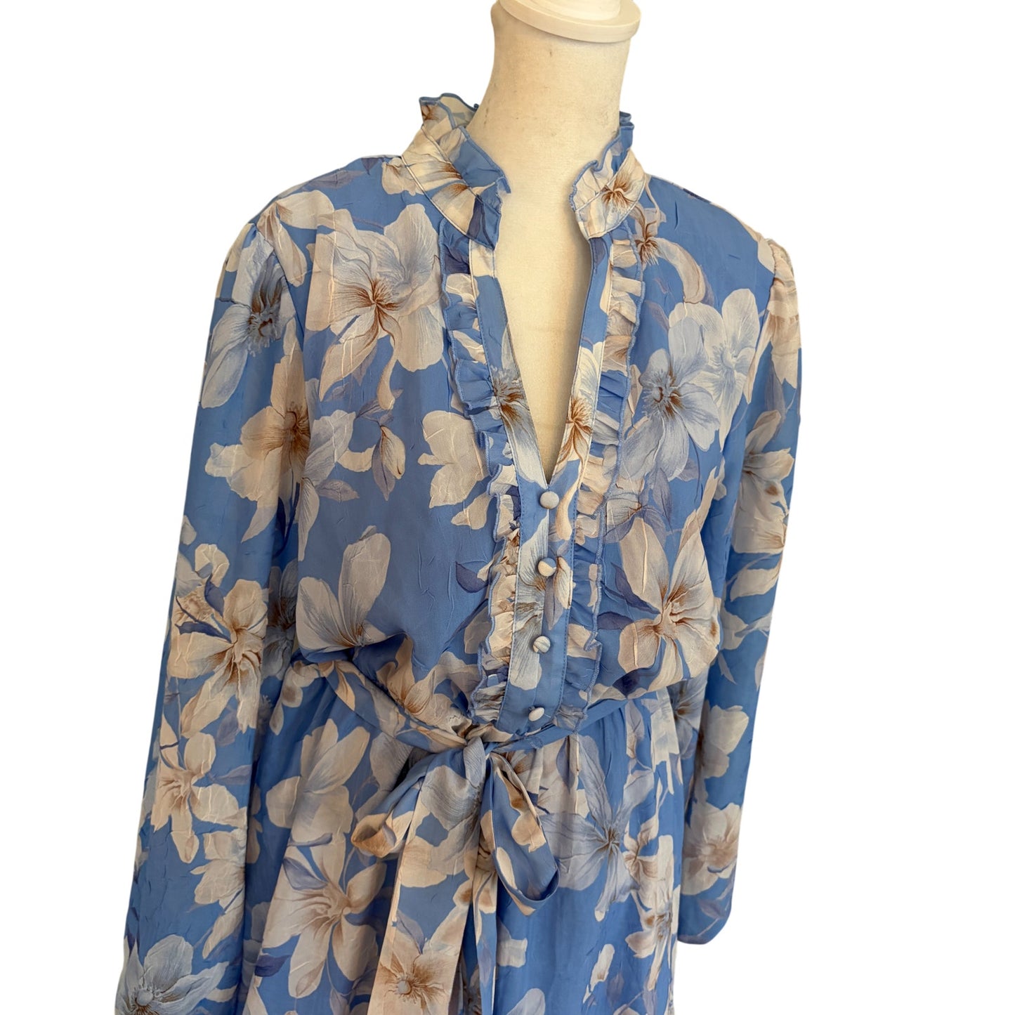 Joie Blue and White Floral Ruffled Mini Dress Long Sleeves Womens Size Medium