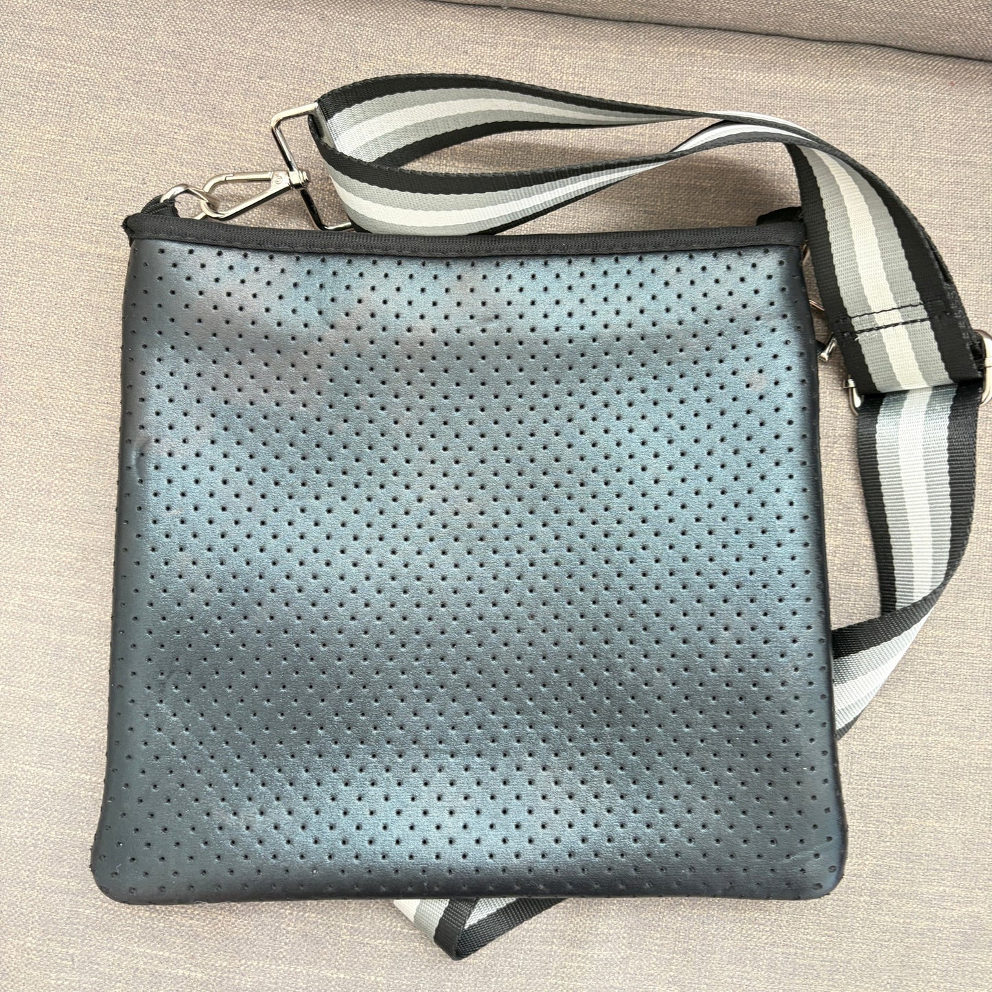 Ahdorned Black Large Pouch Crossbody With Black, White, Gray Woven Strap