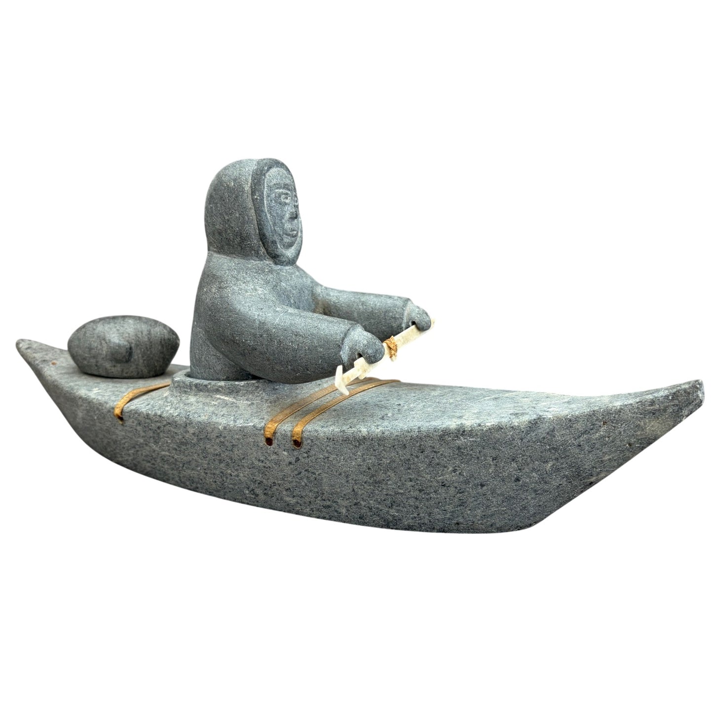 Vintage Inuit Gray Soapstone Man in Boat Figure Sculpture Eskimo Art Signed