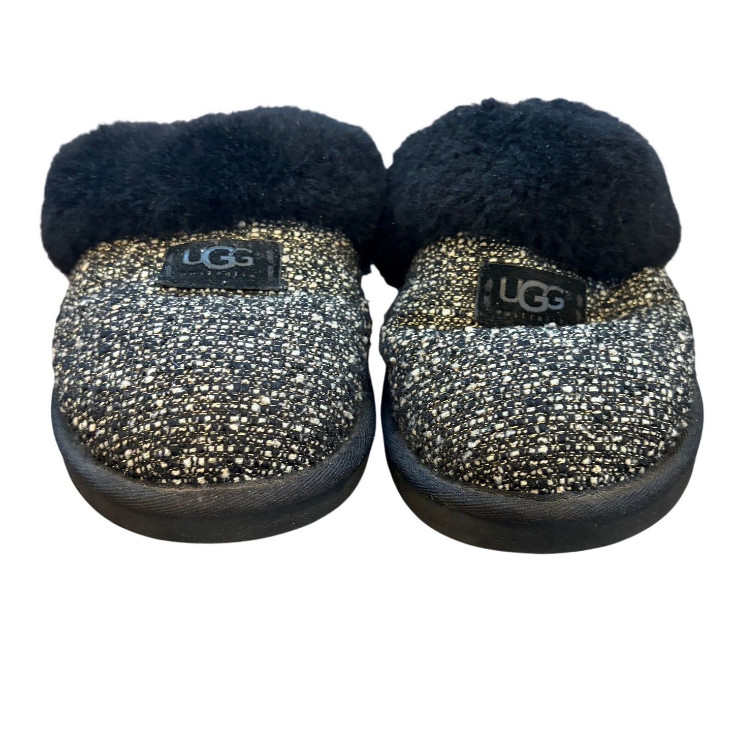 UGG Australia Black, White, Gold Cozy Knit Slip On Shoes Slippers Womens Size 10