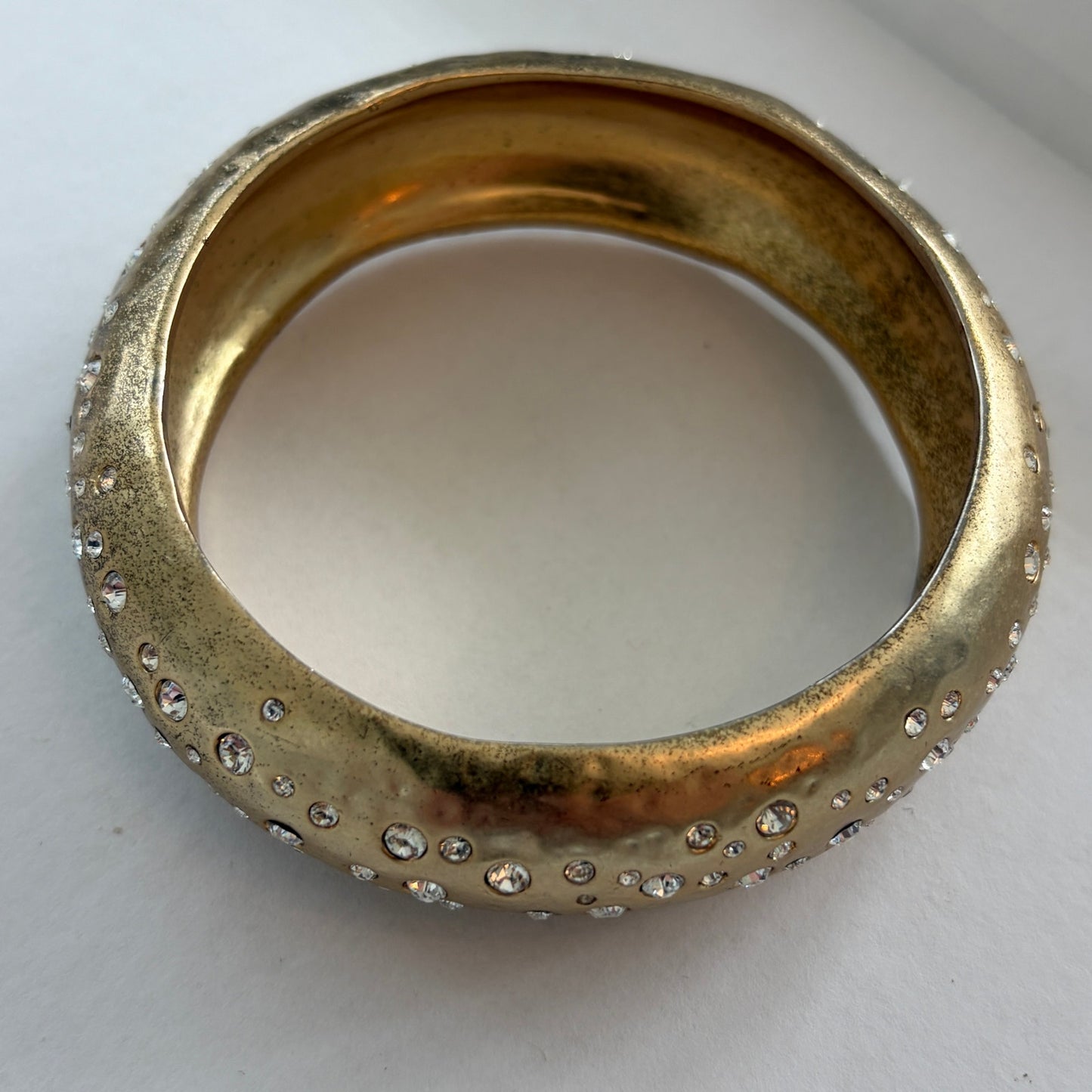 Gold Tone and CZ Inset Hammered Brass Bangle Bracelet